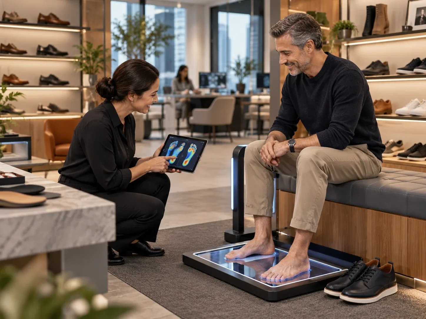 A manager coaching a team member with a tablet