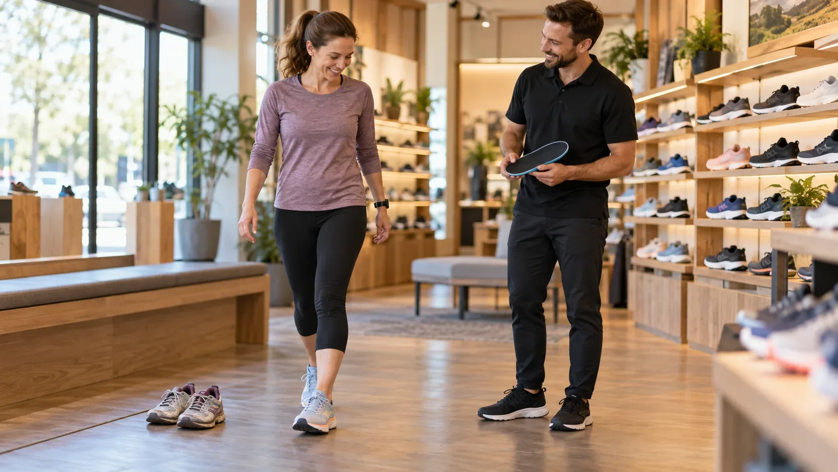 A specialist guiding a customer comparing new shoes in store